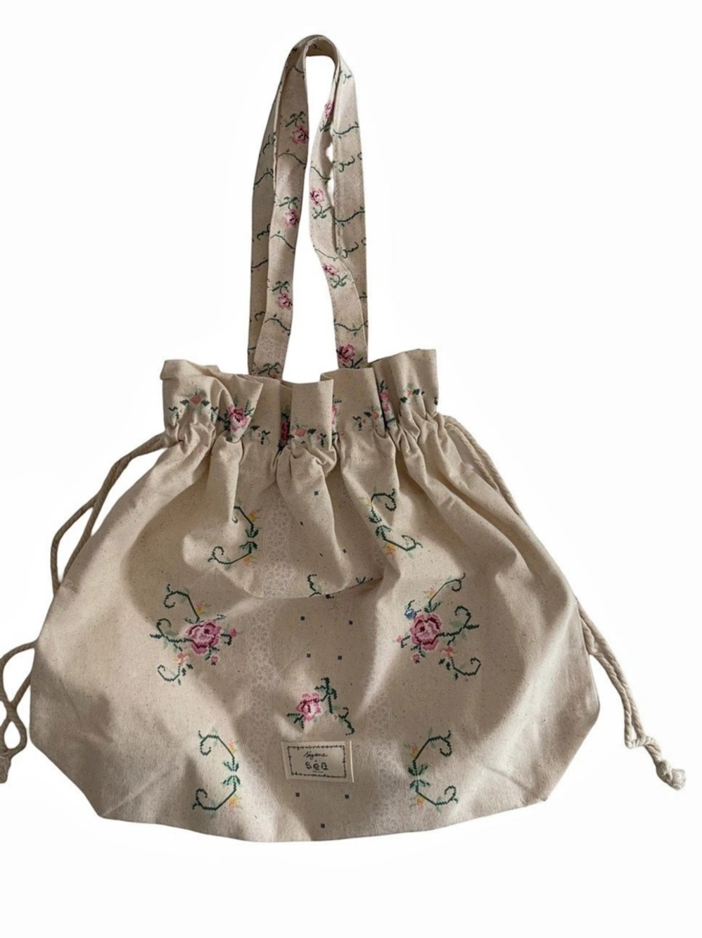 Sezane Floral Embroidered Drawstring Shoulder Bag